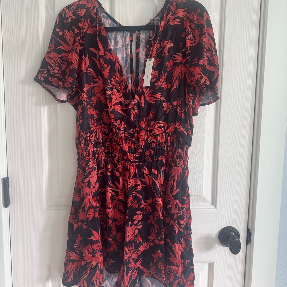 Anthropologie Red and Black Ruched Romper